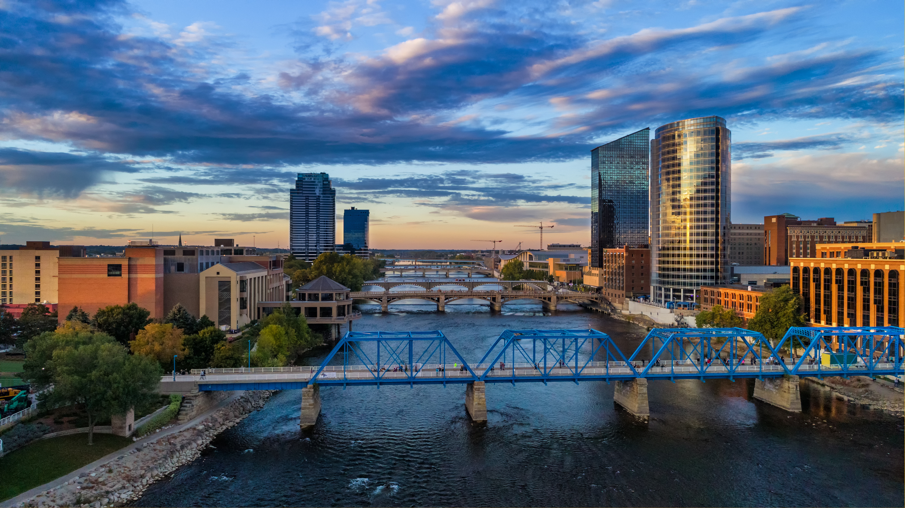 Grand Rapids Aerial at Sunset with River and Bridges
